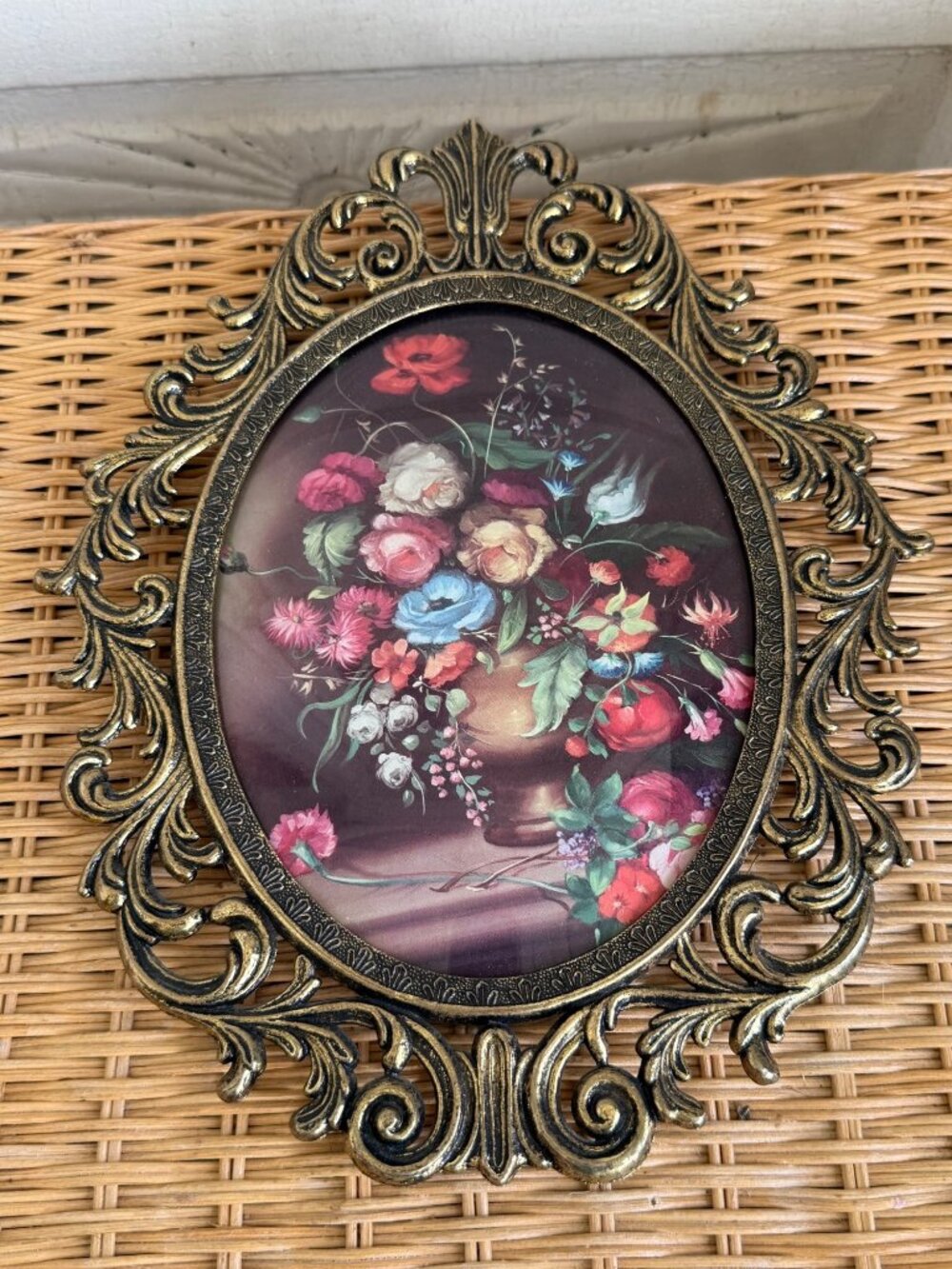 Vintage 1960s Italian Metal Frame Convex Glass Floral Bouquet Print 13x10" - Picture 5 of 11